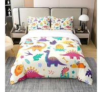 Homewish 100% Cotton Cute Dino Duvet Cover Single,Cartoon Dinosaurs Bedding Set,Kawaii Dinosaur Eggs Comforter Cover,Colorful Dinos Leaves Volcano Bedspread Cover with 1 Pillow Case Bedroom Decor