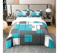 Homewish 100% Cotton Geometric Square Duvet Cover King Teal Grey Bedding Set Black Gray Turquoise Comforter Cover for Kids Teen Adults Modern Abstract Lines Rustic Farmhouse Bed Set 2 Pillow Cases