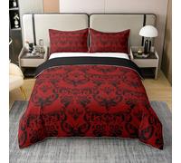 Homewish 100% cotton Gothic Bedding Set Red Black Moth Goth Double Quilt Cover Vintage Damask Boho Duvet Cover for Boys Adults Men,Exotic Victorian Style Floral Animal Bed Set Room Decor 3 Pcs
