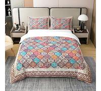 Homewish 100% Cotton Moroccan Style Duvet Cover Single Boho Damask Flower Bedding Set for Women Exotic Tribal Colorful Bohemian Comforter Cover Floral Patchwork Geometric Soft Breathable Bed Set