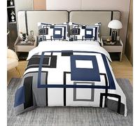 Homewish 100% Cotton Navy Blue Square Comforter Cover for Teen Boys King Lack White Grey Geometric Duvet Cover Striped Bedding Set for Kids Men,Abstract Line Grids Quilt Cover Modern Bedroom Decor