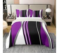 Homewish 100% Cotton Purple Black Abstract Super King Quilt Cover Grey Modern Striped Duvet Cover Geometric Stripes Lines Bed Set Contemporary Art Boho Bedding Set for Minimalist