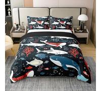 Homewish 100% Cotton Shark Quilt Cover Double Size Black Boho Ocean Fish Duvet Cover Abstract Underwater Animal Cartoon Bed Set Shark Whales Bedding Set for Kids Boys Girls