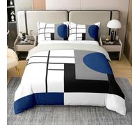Homewish 100% Cotton White Black Blue Striped King Quilt Cover Boho Modern Geometric Abstract Duvet Cover Stripes Lines Bedding Set Minimalist Square and Circle Bed Set