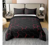 Homewish 100% Natural Cotton 3D Honeycomb Bed Set Modern Quilt Cover Double Black Red Hexagon Comforter Cover Gradient Bedspread Cover with Zipper Closure