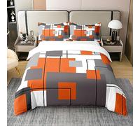 Homewish 100% Natural Cotton Black White Grey Orange Bedding Set King Geometric Square Comforter Cover for Kids Adults Striped Duvet Cover Mid Century Modern Abstract Quilt Cover 2 Pillow Cases