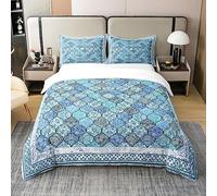 Homewish 100% Natural Cotton Teal Boho Floral Bedding Set Blue Grey Paisley Damask Floral Comforter Cover King Moroccan Bohemian Duvet Cover for Kdis Teen Adults Soft Breathable Luxury Quilt Cover