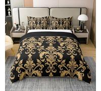 Homewish 100% Washed Cotton Elegant Damask Bedding Set Antique Baroque Flowers Comforter Cover for Teen Boys Men Gold and Black Floral Duvet Cover Stylish Modern European Bedspread Cover Super King