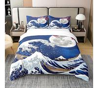 Homewish 100% Washed Cotton Japanese Style Duvet Cover,Japan Ukiyoe Bedding Set,Nautical Ocean Wave Comforter Cover for Kids Adult,Pink Cherry Blossom Bed Sets with 1 Pillowcase,Single