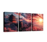 Homewish 3 Panels Japanese Landscape Wall Decor Japan Chureito Pagoda And Mt. Fuji Canvas Wall Art Spring Cherry Blossoms Scenery Painting Poster Prints Ready To Hang 12"X16"X3Pcs