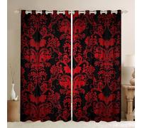 Homewish 30%-50% Blackout Curtains, Antique Victorian 2 Panels 66"Wx72"L, Vintage Floral Goth Drapes for Bedroom, Bats Sugar Skull Boho Baroque Decor, Red and White