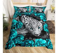 Homewish 3D Cheetah Comforter Cover Teal Rose Leopard Print Bedding Set For Women Romanic Flowers Duvet Cover African Safari Animals Bed Set Animal Hide Spot Wild Safari Theme Room Decor Double