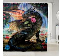 Homewish 3D Dragon Bath Curtain Magical Animal Shower Curtain for Kids Boys Girls, Pink Rose Flower Waterproof Bathroom Curtain Ancient Wildlife Shower Accessories, Red Floral Bathtub Decor