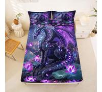 Homewish 3D Dragon Bed Sheets King Florals Diamond Fitted Sheet Mysterious Magic Animal Bedding Set,Purple Wildlife Bed Cover 3 Pcs