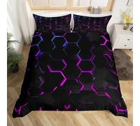 Homewish 3D Hexagonal Black King Duvet Cover, Modern Geometric Honeycomb Bedding Set for Kids Boys Girls Adults, Abstract Gradient Purple Blue Quilt Cover Fashion Trend Bed Set