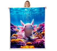 Homewish 3D Kawaii Axolotl Fleece Blanket Queen 229x229cm Underwater Bubbles Axolotls Warm Plush Sherpa Blanket Blue Pink Dreamy Ocean Coral Fuzzy Plush Throw Cute Pun Sea Animals for Bed Sofa Couch