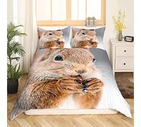 Homewish 3D Print Squirrel Comforter Cover Eating Food Duvet Cover Forest Animal Bedding Set For Kids Boys Girls Nature Bedclothes With 2 Pillow Cases King Brown Soft Microfiber Room Decoration