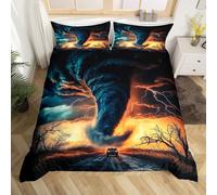 Homewish 3D Tornado Double Bedding Set For Teen Boys Bedroom, Tornado Thunder And Lightning Duvet Cover, Firelight Tornado Storm Chasing Behind The Car Bed Cover Lightning Disaster Bed Set 3Pcs