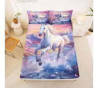 Homewish 3D White Horse Bed Sheets King Japanese Style Fitted Sheet Cherry Blossom Bedding Set,Mount Fuji Bed Cover 3 Pcs