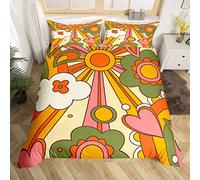 Homewish 60S 70S Hippie Duvet Cover Double Vintage Boho Sun Bedding Set Groovy Flowers Clouds Love Hearts Comforter Cover For Kids Girls Teens Abstract Vintage Floral Bedspread Cover Zipper 3 Pcs