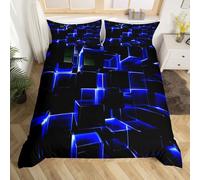 Homewish Abstract Duvet Cover, Modern Geometric Grid Square Single Bedding Sets, Blue Black Honeycomb Bed Cover Soft Microfiber Polyester Bed Set For Kids Boys Bedroom(No Comforter)