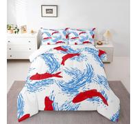 Homewish Abstract Fish Duvet Set Double - Ocean Waves Bedding Set Geometric Modern Art Sea Quilt Set - Blue Red Aesthetic Bedclothes Room Decor Coverless Duvet