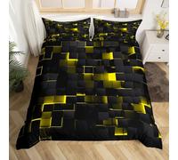 Homewish Abstract Geometric Duvet Cover Double Abstract Black Yellow Check Bedding Set Stereoscopic Grid Plaid Comforter Cover Glowing Neon Light Square Bed Set Brick Wall Design
