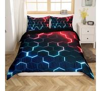 Homewish Abstract Honeycomb Geometry Duvet Cover 135 x 200, 3D Blue Red Geometric Hexagon Beehive Bed Linen for Children Boys Girls, Neon Stereoscopic Honeycomb Bedding Set Room Decor Soft