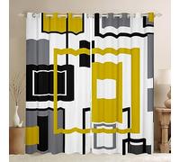 Homewish Abstract Window Curtains Geometric Square Striped Blackout Curtains Black White Yellow Grey Window Curtains for Bedroom Living Room,Modern Window Treatments 2 Panels 66x90