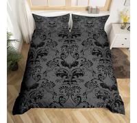 Homewish Adults Black Damask Bedding Sets King Size Antique Victorian Baroque Duvet Cover, Exotic Vintage Floral Comforter Cover Gothic Bat Quilt Cover, Bats Sugar Skull Skeleton Boho Decor, Grey