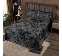 Homewish Adults Black Damask Bedspread Set Antique Victorian Baroque Quilt Set Double, Gothic Vintage Floral Coverlet Set Boho Sun and Moon Quilted,Exotic Tree of Life Bohemian Decor,Grey
