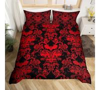 Homewish Adults Damask Gothic Bedding Set Antique Victorian Duvet Cover Double,Vintage Floral Goth Comforter Cover Bat Bed Set,Bats Sugar Skull Bone Skeleton Bohemian Baroque Decor,Red and White