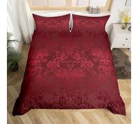 Homewish Adults Damask Gothic Bedding Set Antique Victorian Duvet Cover Double,Vintage Floral Goth Comforter Cover Longhorn Skull Bed Set,Bull Bone Bohemian Baroque Decor,Red Violet