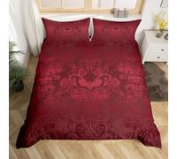 Homewish Adults Damask Gothic Bedding Set Antique Victorian Duvet Cover King,Vintage Floral Goth Comforter Cover Bat Bed Set,Bats Sugar Skull Bone Skeleton Baroque Boho Decor,Red Violet