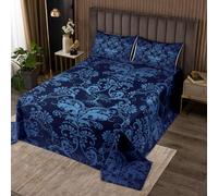 Homewish Adults Damask Gothic Bedspread Set Antique Victorian Quilt Set Double,Vintage Floral Goth Coverlet Set Boho Sun and Moon Quilted,Tree of Life Bohemian Baroque Decor,Blue