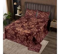 Homewish Adults Damask Gothic Bedspread Set Antique Victorian Quilt Set King,Vintage Floral Goth Coverlet Set Boho Sun and Moon Quilted,Tree of Life Bohemian Baroque Decor,Signal Brown