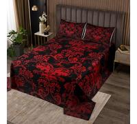 Homewish Adults Damask Gothic Bedspread Set Antique Victorian Quilt Set King,Vintage Floral Goth Coverlet Set Boho Sun and Moon Quilted,Tree of Life Bohemian Baroque Decor,Red and White