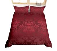 Homewish Adults Red Damask Bedding Set Antique Victorian Baroque Duvet Cover King,Gothic Vintage Floral Comforter Cover Exotic Sugar Skull Quilt Cover,Gothic Bone Skeleton Bohemian Decor