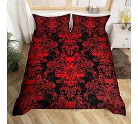 Homewish Adults Red Damask Bedding Set Antique Victorian Baroque Duvet Cover Single,Gothic Vintage Floral Comforter Cover Exotic Sugar Skull Quilt Cover,Gothic Bone Skeleton Bohemian Decor,Black