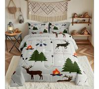 Homewish Adventure Deer Comforter Set Full Size,Cartoon Pine Tree Jungle Animals Bedding Set,Arrow and Stars Moon Quilt Set for Kids Girls Boys Adult Room Decor Rustic Camping Duvet Insert Green 3Pcs