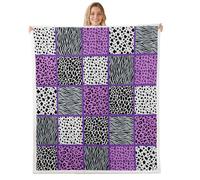 Homewish African Cheetah Print Fleece Blanket 100x130cm Patchwork Tiger Zebra Print Warm Plush Sherpa Blanket Purple Gray Milk Cow Printed Fuzzy Plush Throw for Living Room Bedroom Office