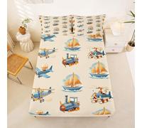 Homewish Airplane Fitted Sheet Double Sailboat Bed Sheets Train Cars Cartoon Transportation Bedding Set for Kids Boys Girls,Cloud Propeller Plane Bed Cover 3 Pcs