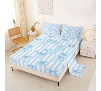 Homewish Alphabet Stripes Initial Letter Z Bow Blue Bed Sheets Single Princess Coquette Sheet Set Kawaii Dreamy Bedding Set - Bowknot Fitted Flat Sheets 3 Piece
