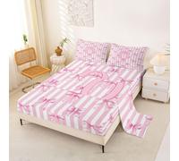 Homewish Alphabet Stripes Pink Initial Letter O Bow Coquette Bedding Set Single Princess Dreamy Kawaii Bed Sheets Bowknot Stripe Warm Soft Bedclothes Sheet Set - Fitted Top Sheets 3 Piece