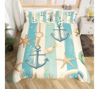 Homewish Anchor Nautical Duvet Cover Double,Ocean Coastal Beach Bedding Set for Kids Boys Girls Bedroom Decor,Teal Blue Sea Marine Life Duvet Cover Starfish Stripes Bed Set (No Comforter) 3Pcs
