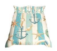 Homewish Anchor Nautical Duvet Cover Single,Ocean Coastal Beach Bedding Set for Kids Boys Girls Bedroom Decor,Teal Blue Sea Marine Life Duvet Cover Starfish Striped Bed Set (No Comforter) 2Pcs