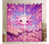 Homewish Animal Cute Purple Salamander Window Curtains 46 x 54 Inch 2 Panel Sets - Floral Dreamy Blackout Curtains Cherry Flowers Window Treatments Drapes Axolotl Kawaii Cartoon for Bedroom