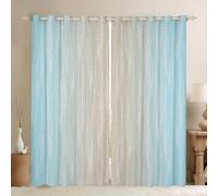 Homewish Aqua Beige Ombre Curtains 46"Wx54"L - Light Sky Blue Gradient Blackout Drapes for Bedroom Living Room - Geometric Silver Striped Window Panels - Abstract Design 2 Pack