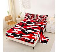 Homewish Army Camouflage Bed Sheets King Red Black White Camo Sheet Set Military Theme Bedding Set - Abstract Soft Fitted Flat Sheets 4 Piece