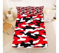 Homewish Army Camouflage Fitted Sheet Double Red Black White Camo Bed Sheets Military Theme Bedding Set for Kids Boys Girls,Abstract Soft Bed Cover 3 Pcs